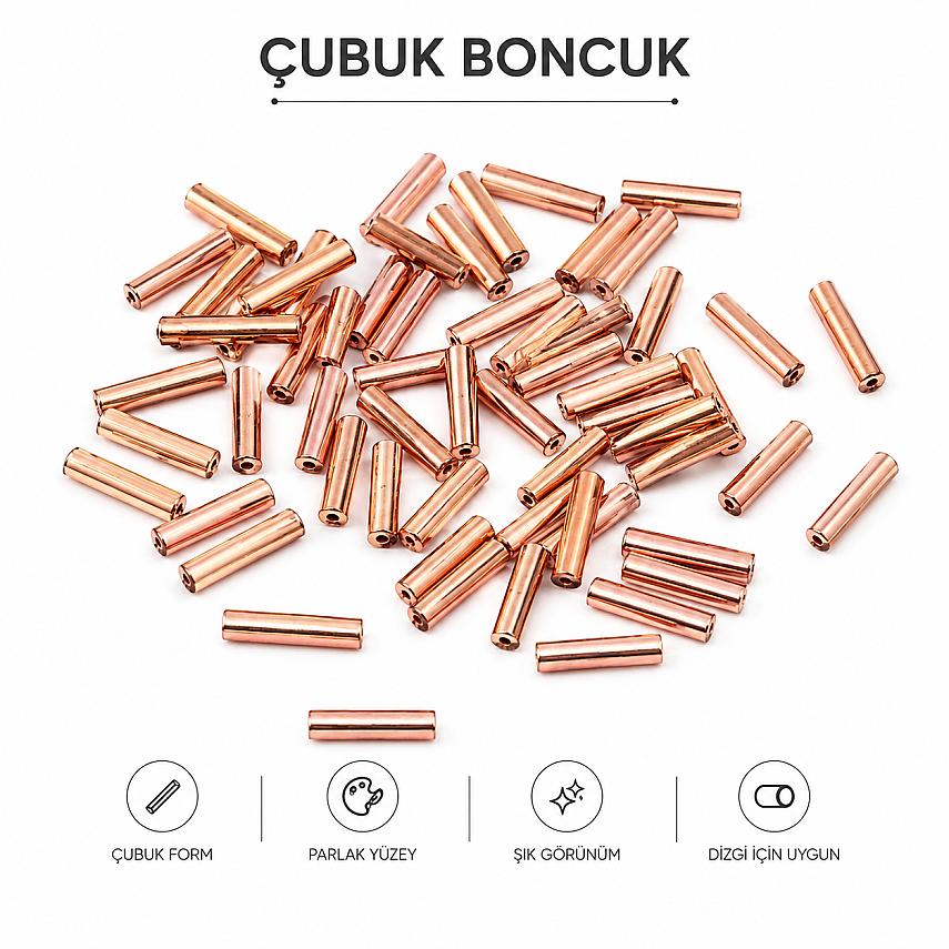 20 mm Metal Görünümlü Çubuk Boncuk – Takı Yapımı İçin Parlak Silindir Ara Boncuk - 2