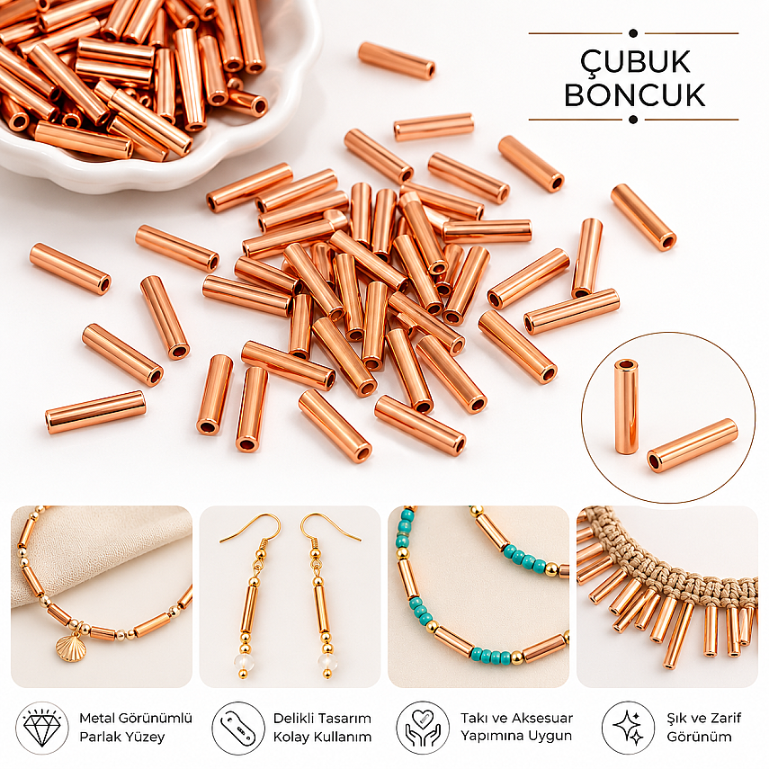 20 mm Metal Görünümlü Çubuk Boncuk – Takı Yapımı İçin Parlak Silindir Ara Boncuk - 1