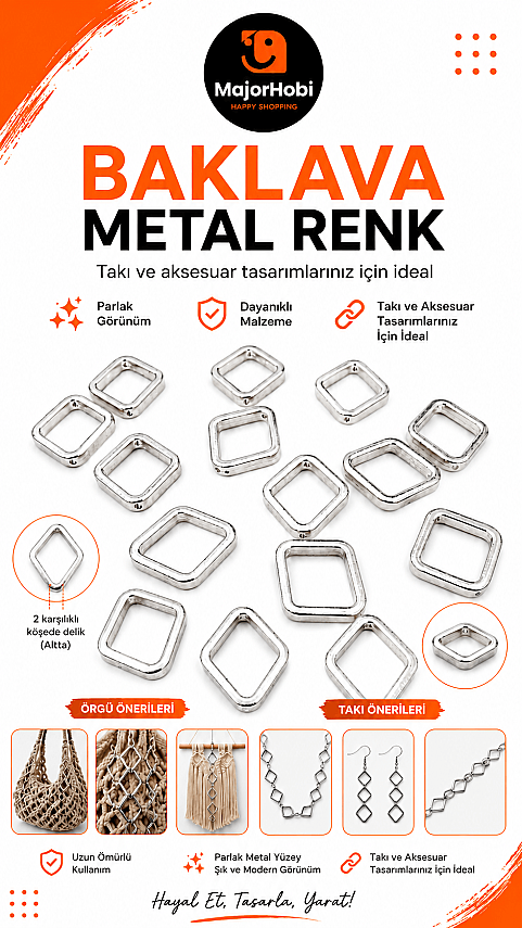 28 mm Baklava Metal Renk Çerçeve Boncuk 25'li Paket – Makrome ve Takı Yapım Aparatı - 1