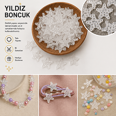 34 mm Şeffaf Yıldız Boncuk – Takı ve El Sanatları İçin Delikli Dekoratif Akrilik Boncuk 30'lu