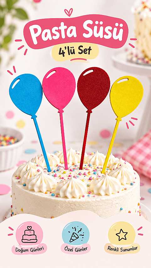 4’lü Balon Pasta Süsü 14 cm | Doğum Günü ve Özel Günler İçin Renkli Pasta Dekoru - 1