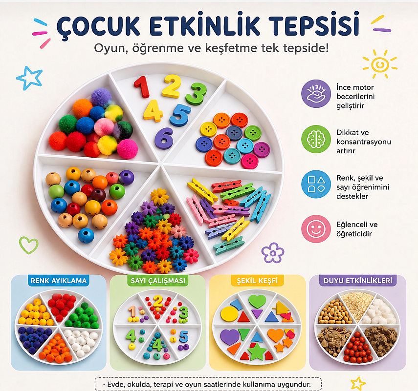 6 Bölmeli Duyusal Oyun ve Aktivite Tepsisi - Montessori Eğitici Materyal (Beyaz) - 1