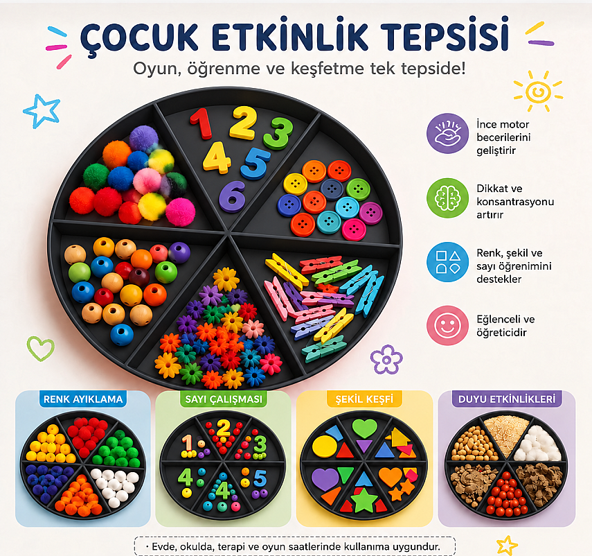 6 Bölmeli Duyusal Oyun ve Aktivite Tepsisi - Montessori Eğitici Materyal (Siyah) - 1