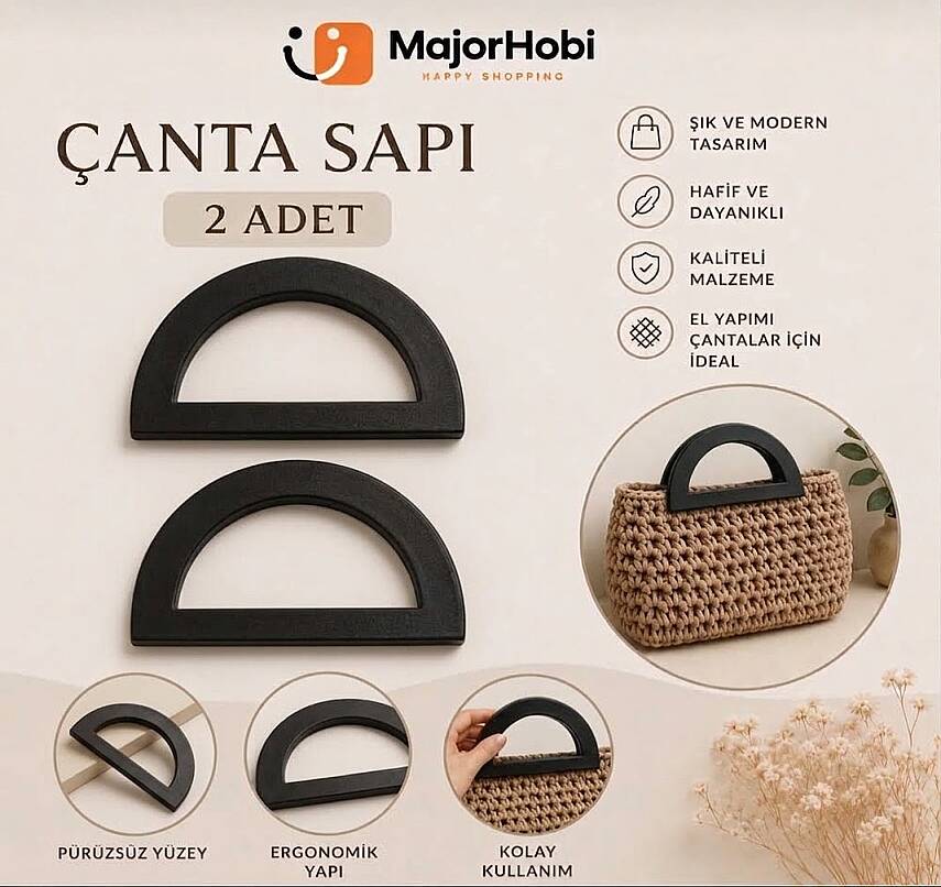 Çanta Sapı 2'li Set Örgü ve Tığ İşi Çanta Sapı 14x8 cm Siyah - 1