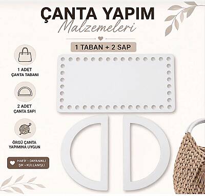 Çanta Yapım Seti Dikdörtgen Çanta Tabanı ve 2 Adet Çanta Sapı 20x11 cm Beyaz