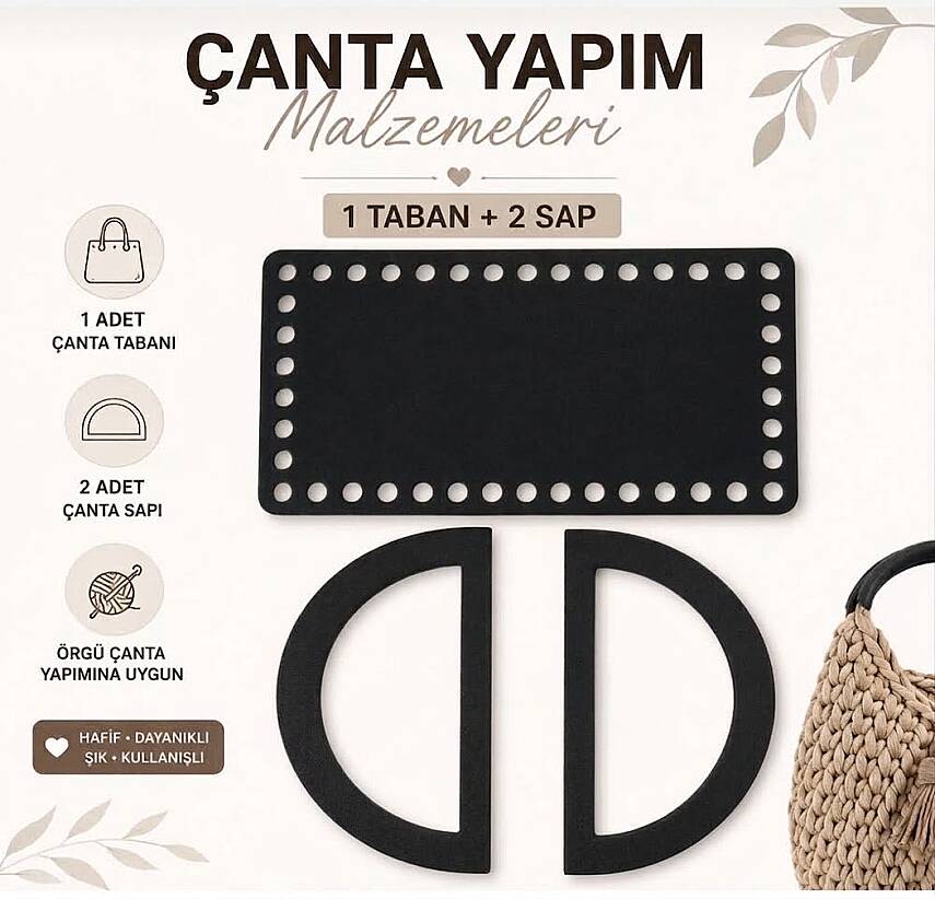 Çanta Yapım Seti Dikdörtgen Çanta Tabanı ve 2 Adet Çanta Sapı 20x11 cm Siyah - 2