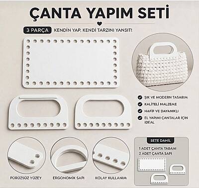Çanta Yapım Seti Dikdörtgen Çanta Tabanı ve 2 Çanta Sapı 20x11 cm Beyaz