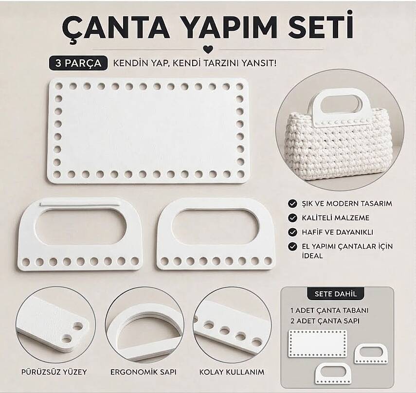 Çanta Yapım Seti Dikdörtgen Çanta Tabanı ve 2 Çanta Sapı 20x11 cm Beyaz - 1