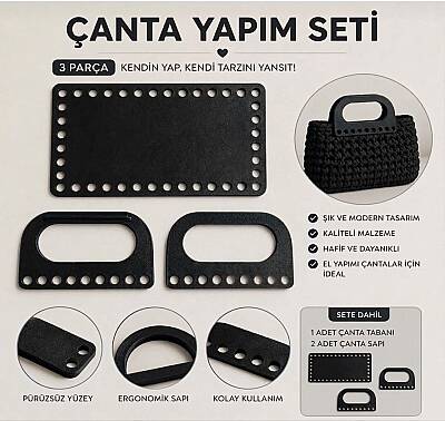 Çanta Yapım Seti Dikdörtgen Çanta Tabanı ve 2 Çanta Sapı 20x11 cm Siyah