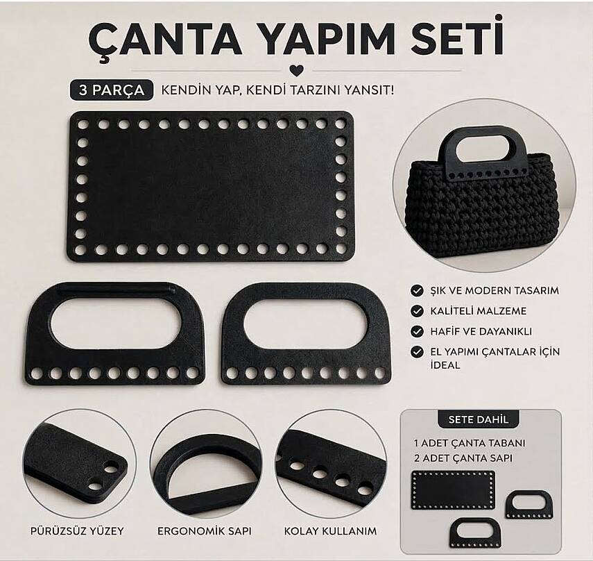 Çanta Yapım Seti Dikdörtgen Çanta Tabanı ve 2 Çanta Sapı 20x11 cm Siyah - 1