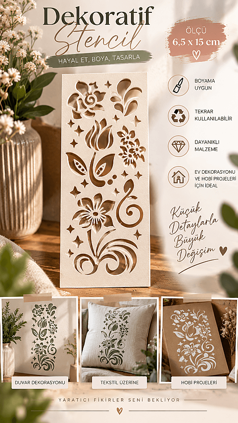 Çiçek Desenli Dekoratif Stencil Şablonu 6,5x15 cm – Boyama ve Hobi Şablonu - 1