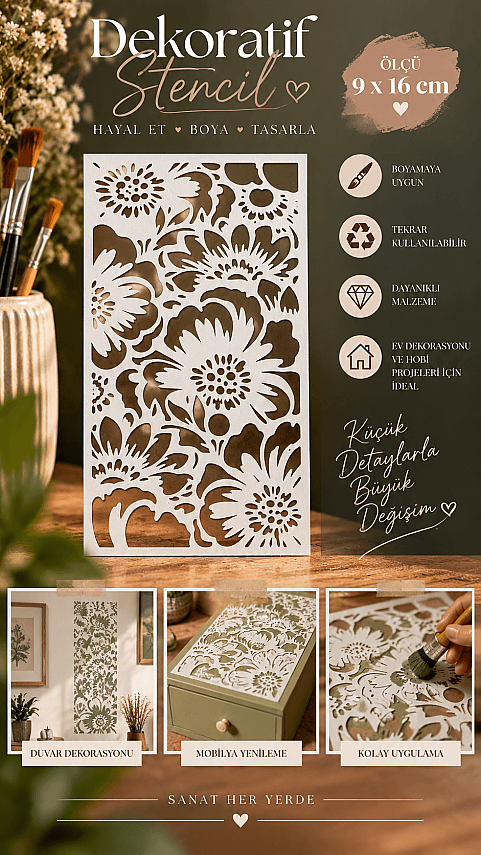 Çiçek Desenli Stencil Şablonu 9x16 cm – Dekoratif Boyama ve Mobilya Şablonu - 1