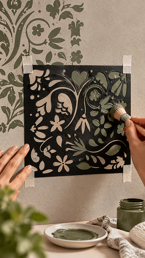 Çiçek ve Yaprak Desenli Stencil Şablonu 18x18 cm – Dekoratif Boyama Şablonu - 2