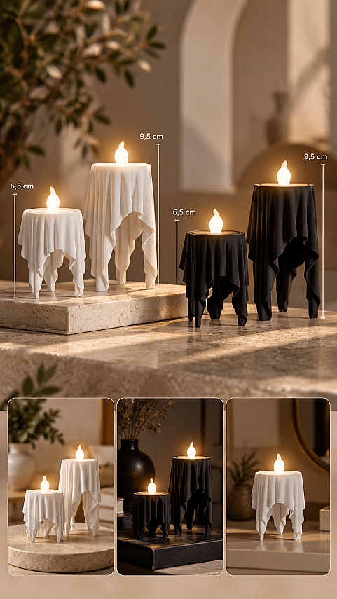 Dekoratif Hayalet Mumluk Seti 2'li | 3D Baskı LED Mumluk | Siyah Modern Ev Dekoru - 2
