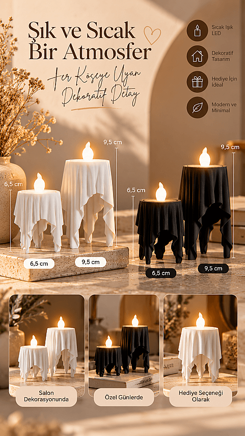 Dekoratif Hayalet Mumluk Seti 2'li | 3D Baskı LED Mumluk | Beyaz Modern Ev Dekoru - 1