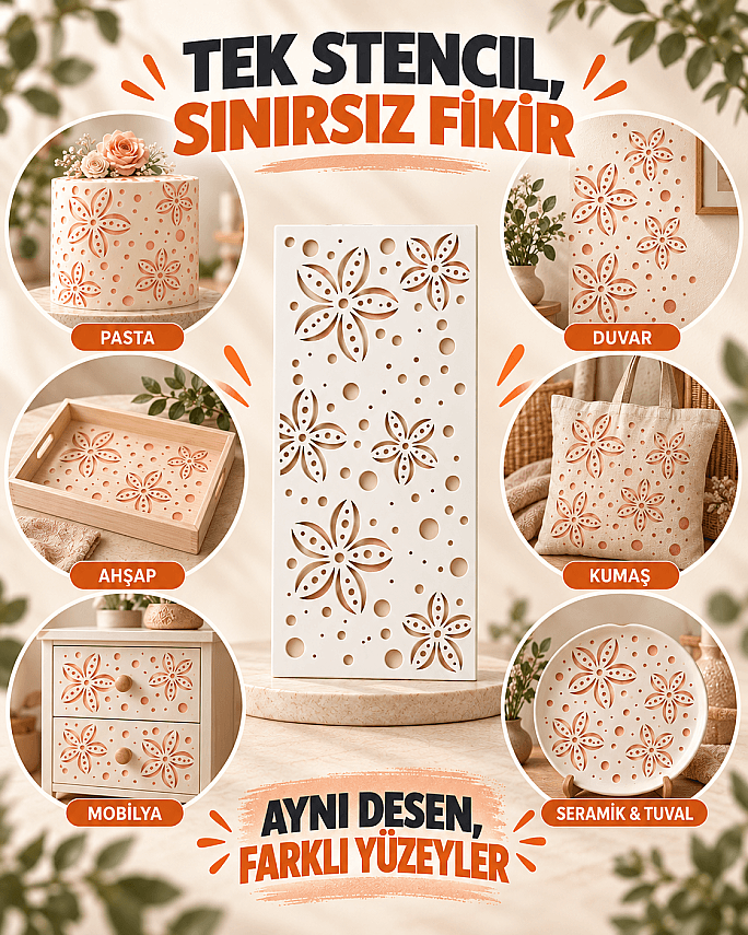 Desenli Stencil Şablon | Duvar, Hobi, Boyama ve Dekorasyon 11,5 x 22 cm  - 1