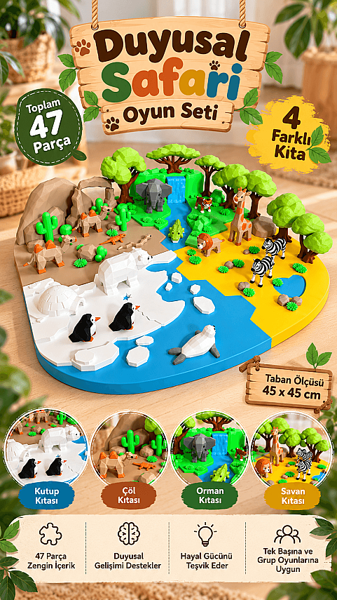Duyusal Safari Oyun Seti 47 Parça 4 Kıta Hayvan Figürlü Montessori Eğitici Oyun 45x45 cm - 1