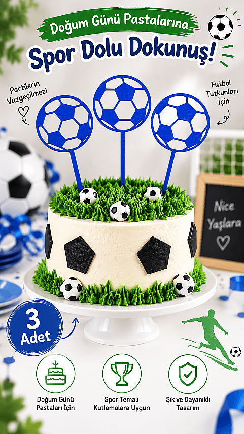 Futbol Topu Pasta Süsü 3’lü Set – Doğum Günü Cake Topper 16x10 cm - Mavi - 1