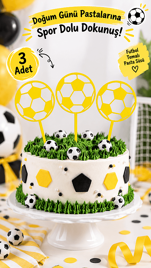 Futbol Topu Pasta Süsü 3’lü Set – Doğum Günü Cake Topper 16x10 cm - Sarı - 1