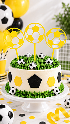 Futbol Topu Pasta Süsü 3’lü Set – Doğum Günü Cake Topper 16x10 cm - Sarı - 3