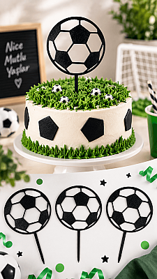 Futbol Topu Pasta Süsü 3’lü Set – Doğum Günü Cake Topper 16x10 cm - Siyah - 3