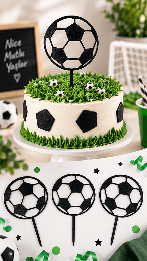 Futbol Topu Pasta Süsü 3’lü Set – Doğum Günü Cake Topper 16x10 cm - Siyah - 3
