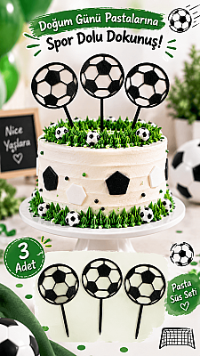 Futbol Topu Pasta Süsü 3’lü Set – Doğum Günü Cake Topper 16x10 cm - Siyah