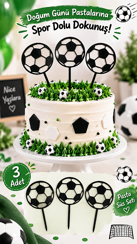 Futbol Topu Pasta Süsü 3’lü Set – Doğum Günü Cake Topper 16x10 cm - Siyah - 1