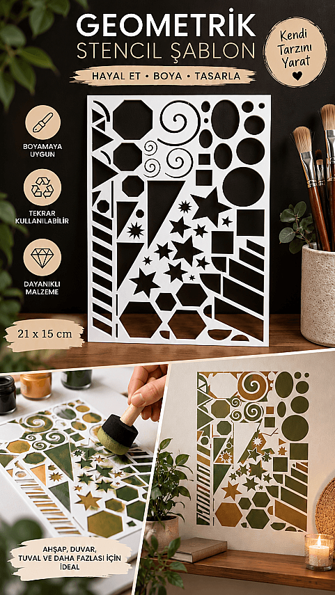 Geometrik Desen Stencil Şablonu 21x15 cm – Duvar ve Hobi Boyama Şablonu - 1