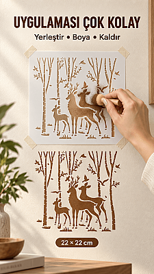 Geyik ve Orman Stencil Şablonu 22x22 cm – Duvar, Mobilya ve Hobi Boyama Şablonu - 3