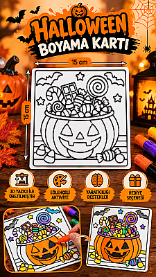 Halloween Balkabağı Boyama Kartı 15x15 cm 3D Baskı Kabartmalı Cadılar Bayramı Etkinliği