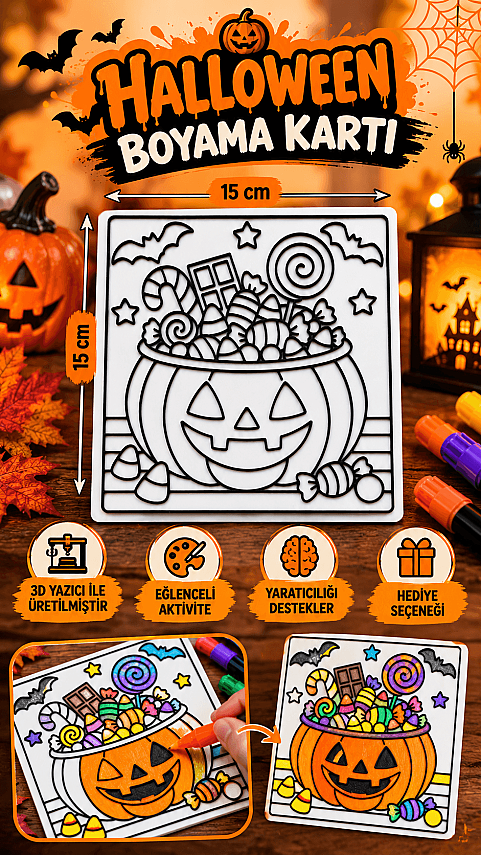 Halloween Balkabağı Boyama Kartı 15x15 cm 3D Baskı Kabartmalı Cadılar Bayramı Etkinliği - 1