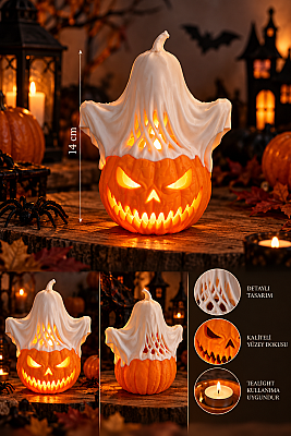 Halloween Balkabağı Hayalet Tealight Mumluk 14 cm Dekoratif Korku Temalı Masa Süsü (1)