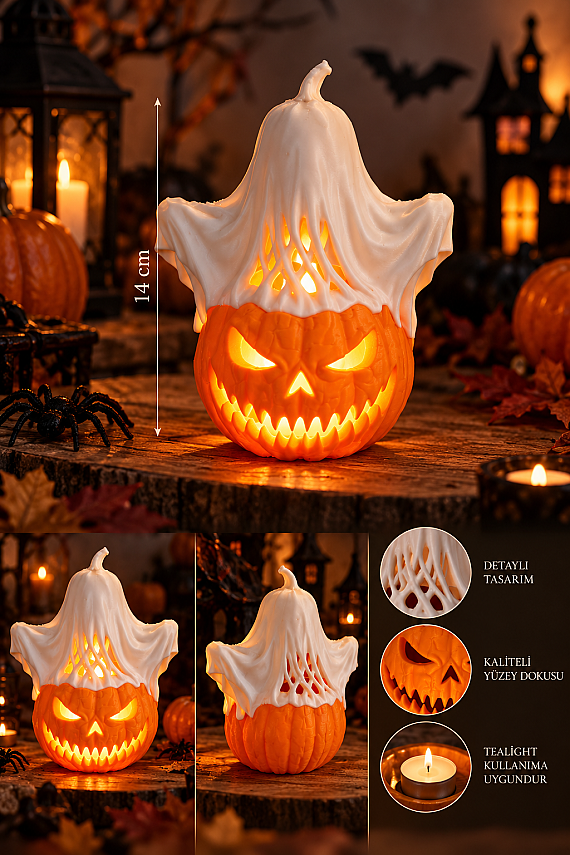 Halloween Balkabağı Hayalet Tealight Mumluk 14 cm Dekoratif Korku Temalı Masa Süsü - 2