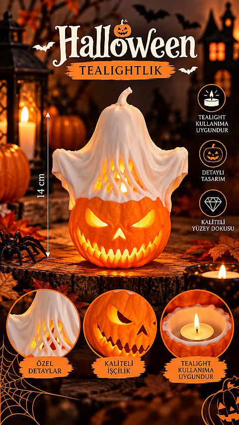 Halloween Balkabağı Hayalet Tealight Mumluk 14 cm Dekoratif Korku Temalı Masa Süsü - 1