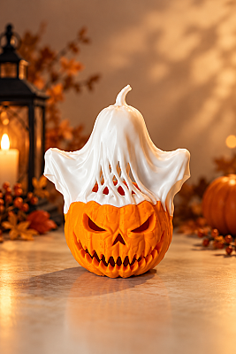 Halloween Balkabağı Hayalet Tealight Mumluk 14 cm Dekoratif Korku Temalı Masa Süsü - 3