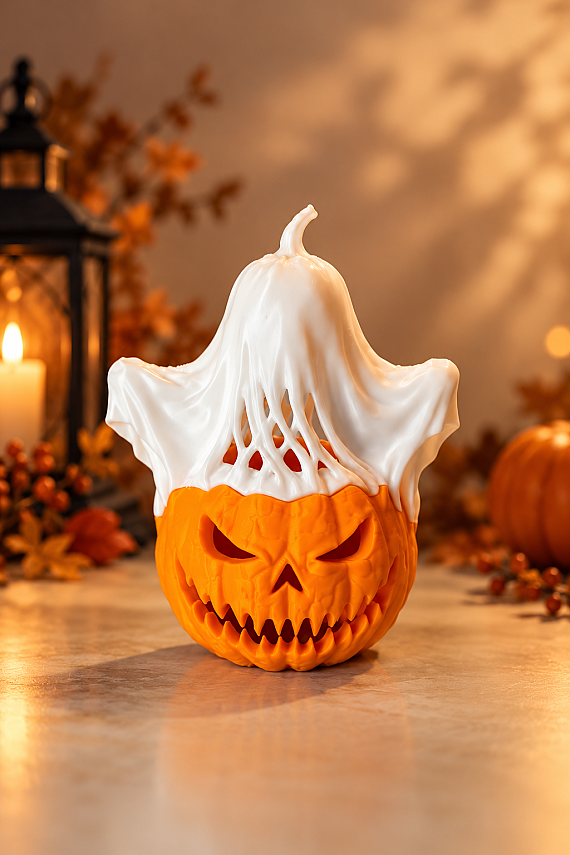 Halloween Balkabağı Hayalet Tealight Mumluk 14 cm Dekoratif Korku Temalı Masa Süsü - 3
