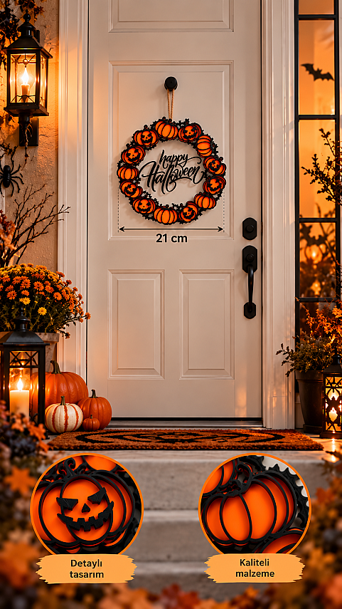 Halloween Balkabağı Kapı ve Duvar Süsü 21 cm Happy Halloween Dekoratif Süs - 2