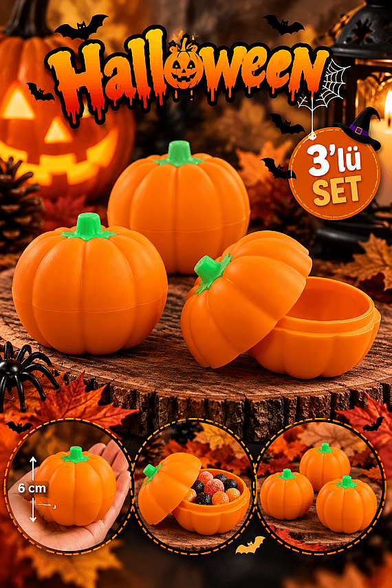 Halloween Balkabağı Şeker - Oyuncak Kutusu 6 cm 3’lü Set – Kapaklı Mini Kutu - 1