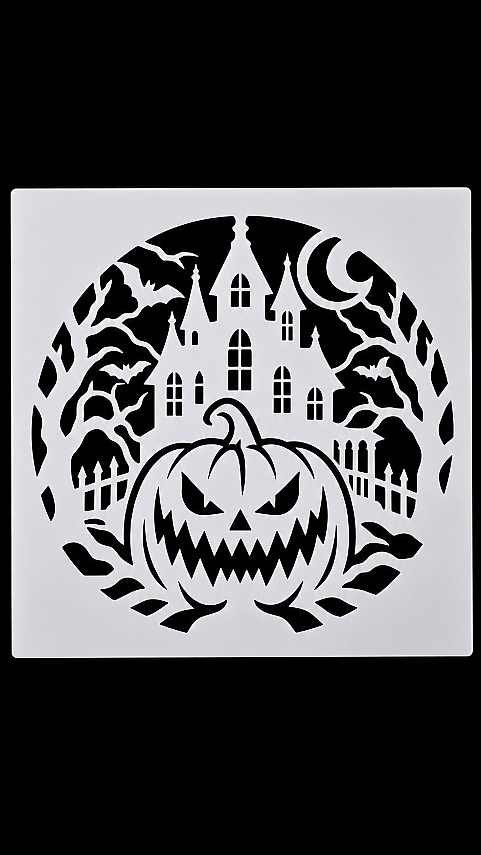 Halloween Balkabağı ve Perili Ev Stencil Şablon 20x20 cm – Boyama Dekorasyon Şablonu - 3