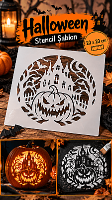 Halloween Balkabağı ve Perili Ev Stencil Şablon 20x20 cm – Boyama Dekorasyon Şablonu