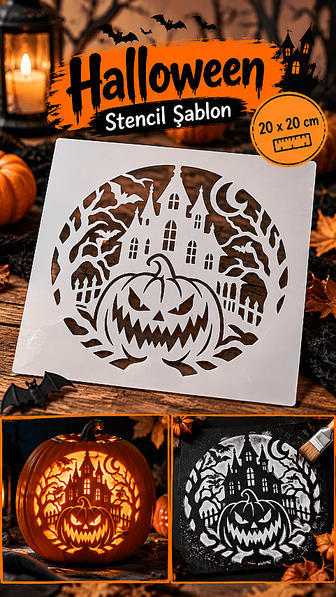 Halloween Balkabağı ve Perili Ev Stencil Şablon 20x20 cm – Boyama Dekorasyon Şablonu - 1
