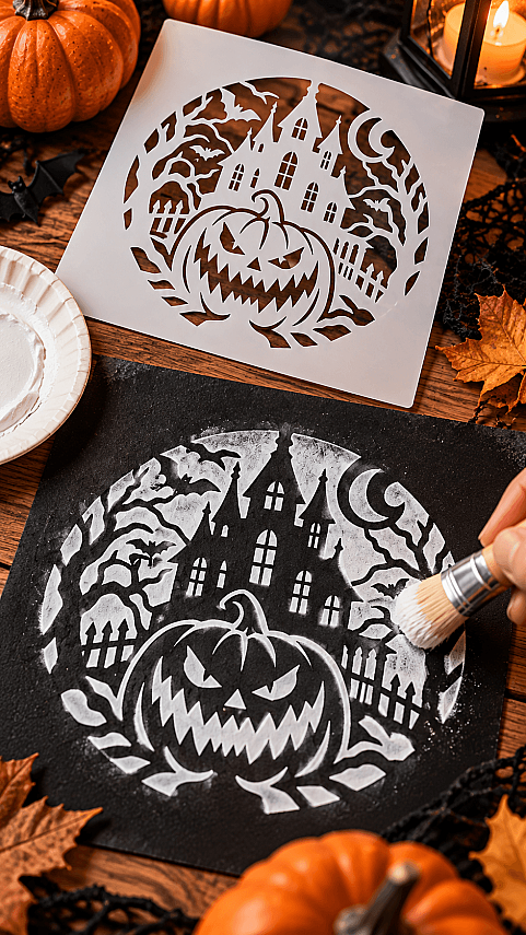 Halloween Balkabağı ve Perili Ev Stencil Şablon 20x20 cm – Boyama Dekorasyon Şablonu - 2