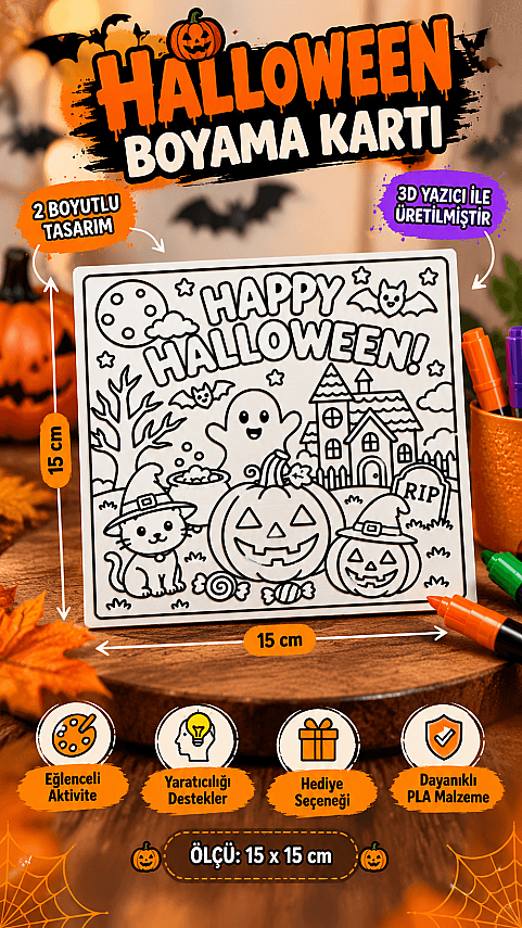 Halloween Boyama Kartı 15x15 cm | 3D Baskı Kabartmalı Boyama Etkinliği Cadılar Bayramı - 1