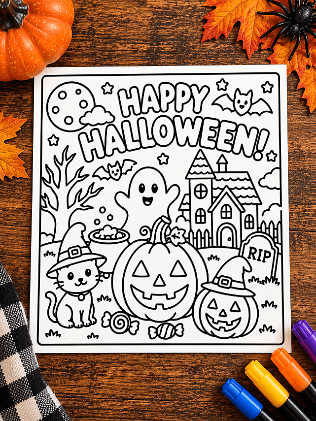 Halloween Boyama Kartı 15x15 cm | 3D Baskı Kabartmalı Boyama Etkinliği Cadılar Bayramı - 3