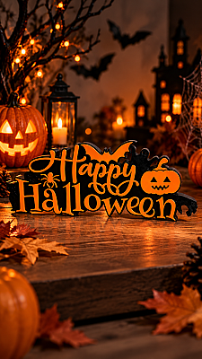 Halloween Happy Halloween Duvar ve Kapı Süsü 24x10 cm Balkabağı Yarasa Dekor (1)