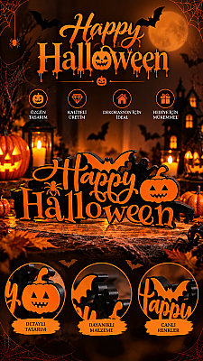 Halloween Happy Halloween Duvar ve Kapı Süsü 24x10 cm Balkabağı Yarasa Dekor