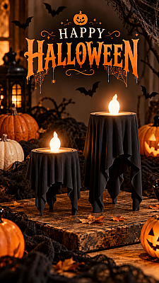 Halloween Hayalet Mumluk Seti 2'li | 3D Baskı Siyah Mumluk Cadılar Bayramı Dekoru