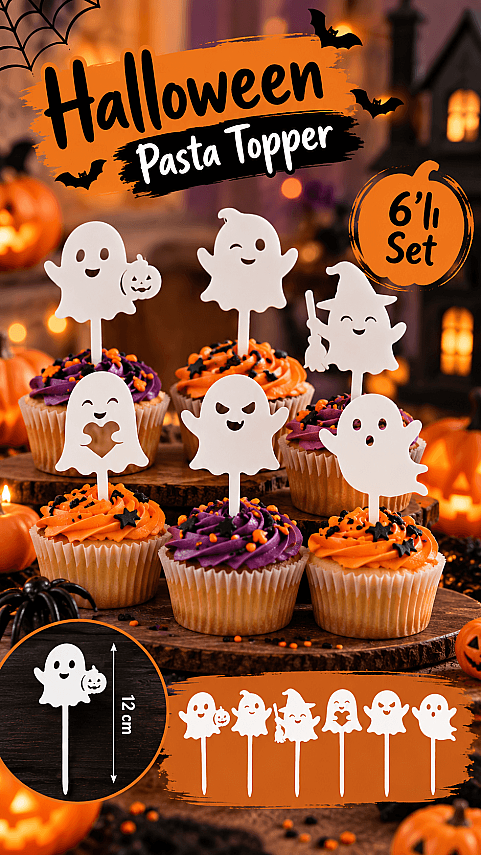 Halloween Hayalet Pasta Süsü 6’lı Set 12 cm – Cupcake ve Parti Topper - 1