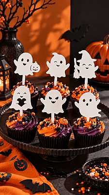 Halloween Hayalet Pasta Süsü 6’lı Set 12 cm – Cupcake ve Parti Topper (1)